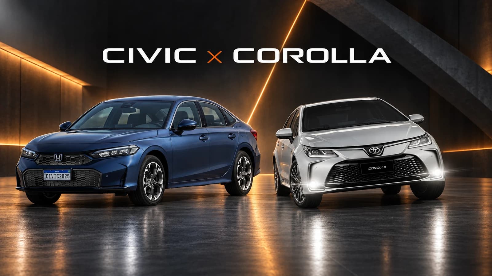 Ilustração editorial do comparativo Honda Civic × Toyota Corolla em cenário escuro com iluminação laranja